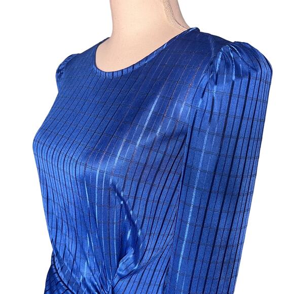 Vintage 80s Kings Row Blue Shirred Satin Stripe Dress Back Zip Shoulder Pads - Picture 4 of 10